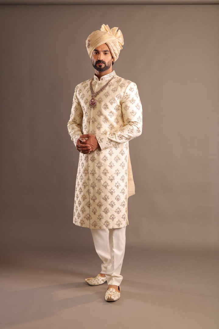 Cream Sherwani Set With Maroon Velvet Stole