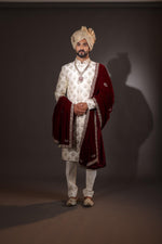 Load image into Gallery viewer, Cream Sherwani Set With Maroon Velvet Stole
