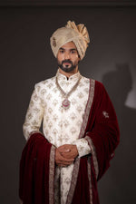 Load image into Gallery viewer, Cream Sherwani Set With Maroon Velvet Stole
