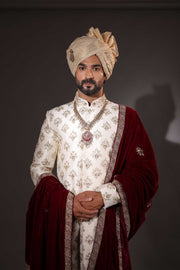 Cream Sherwani Set With Maroon Velvet Stole