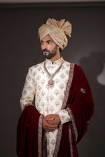 Load image into Gallery viewer, Cream Sherwani Set With Maroon Velvet Stole
