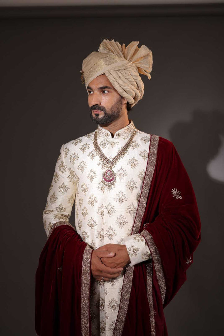 Cream Sherwani Set With Maroon Velvet Stole