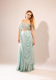 ICE BLUE DRAPE SAREE SET
