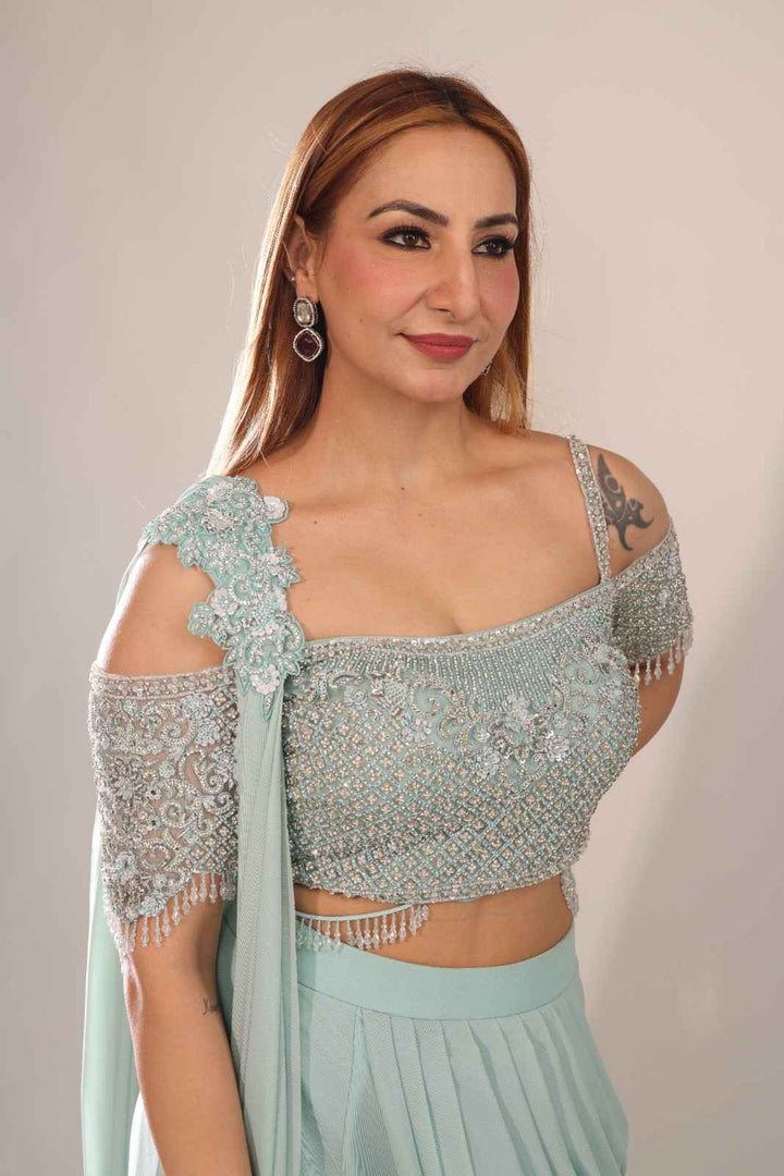 ICE BLUE DRAPE SAREE SET