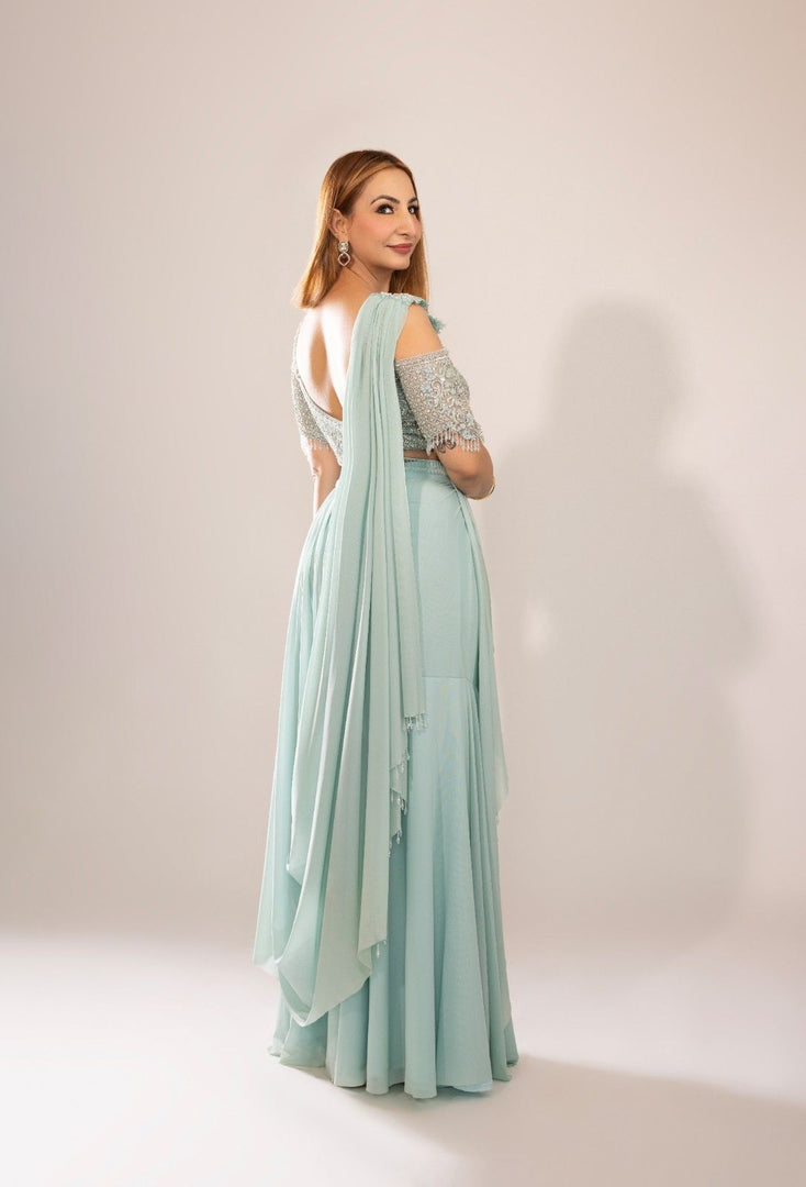 ICE BLUE DRAPE SAREE SET